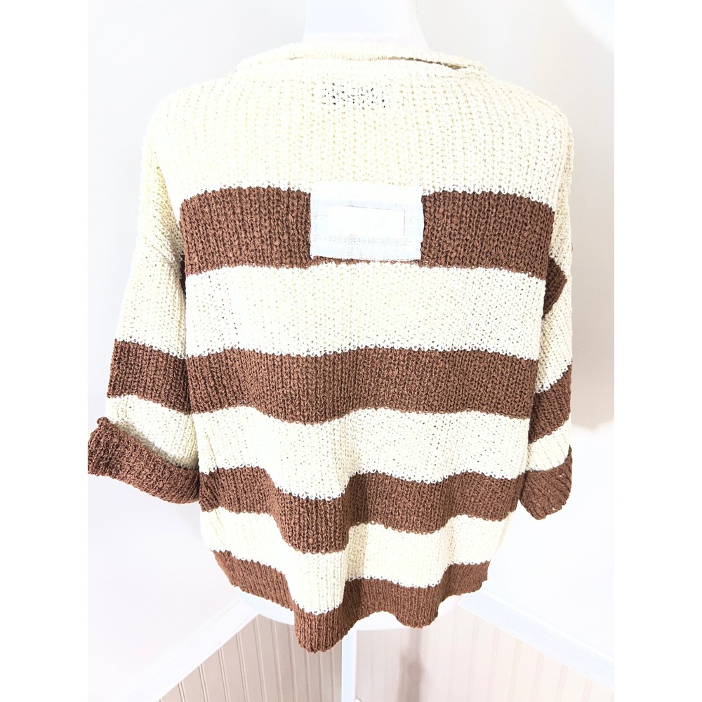 Zenana Striped Loose Knit V-Neck Sweater Brown Cream Short Sleeve S/M - Picture 8 of 11